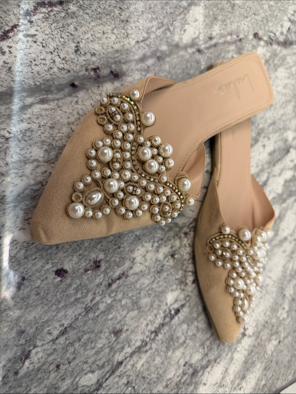 Lulu's Nude Pearl-Embellished Pointed Mules